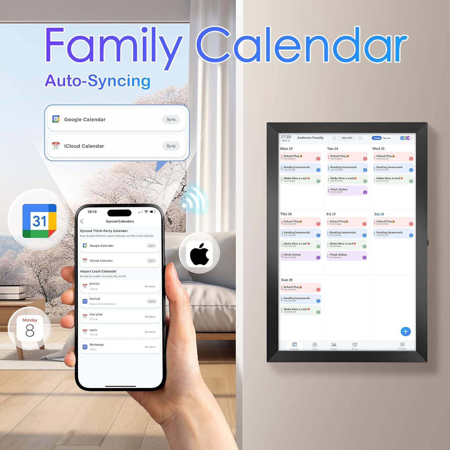 10.1 Smart Digital Calendar Family Schedules showing synced family events on digital wall calendar and smartphone