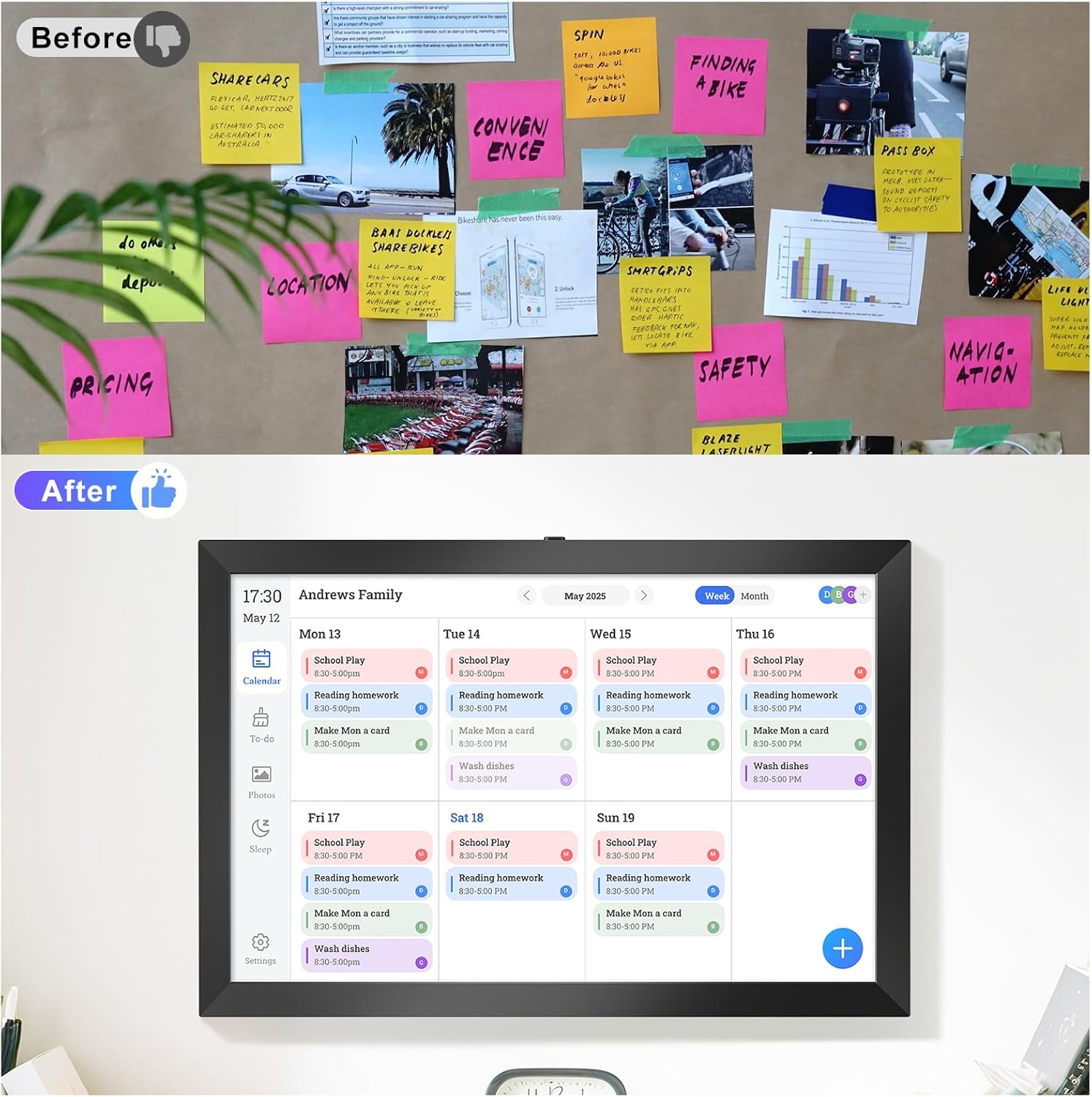 10.1 Smart Digital Calendar Family Schedules displayed on a sleek black frame showing organized weekly family tasks