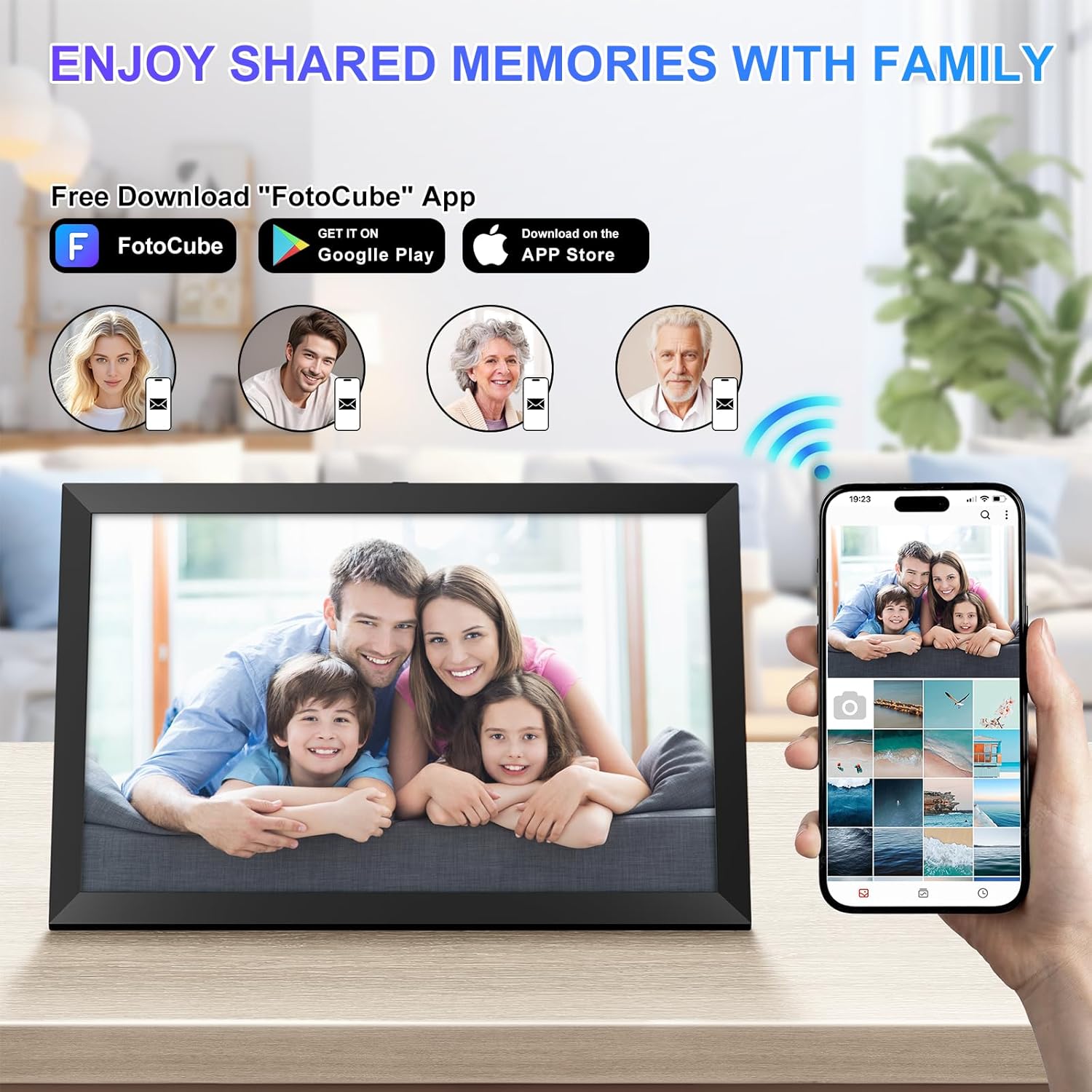 LightingPixel 10.1 Smart Digital Calendar Family Schedules digital photo frame displaying a family picture and smartphone app interface