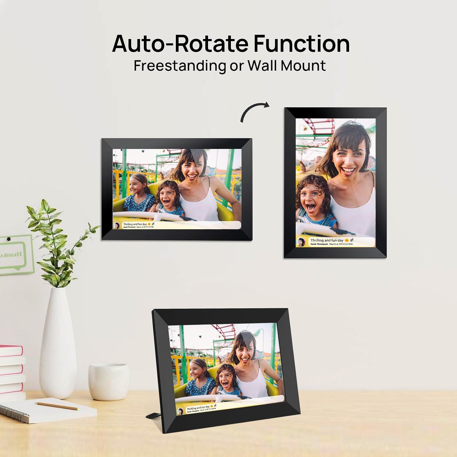 LightingPixel digital photo frame auto-rotate function shown freestanding and wall mounted best digital frame for parents