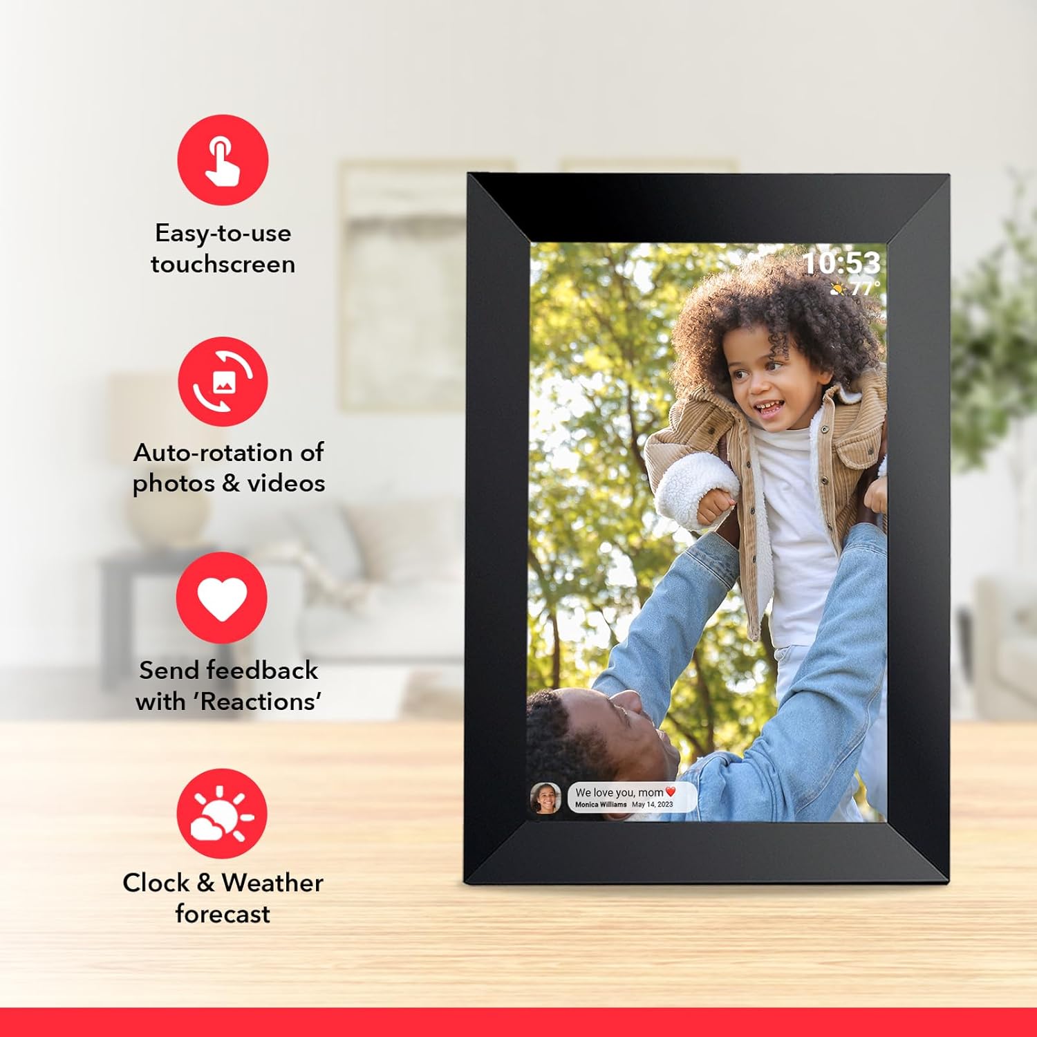 LightingPixel digital photo frame with easy touchscreen, auto-rotation, clock, and weather, the best digital frame for parents