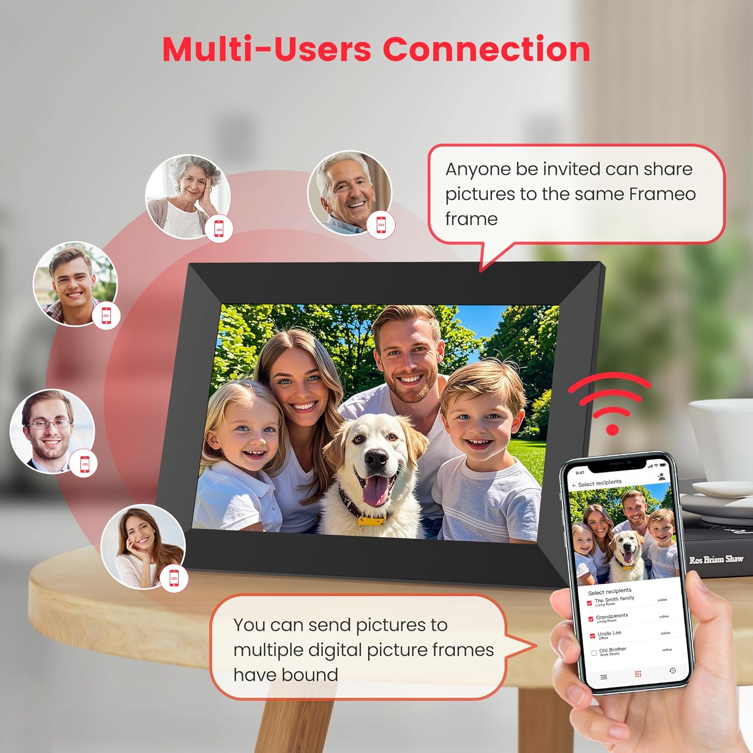 Digital photo frame displaying family picture with multi-users connection feature best digital frame for parents