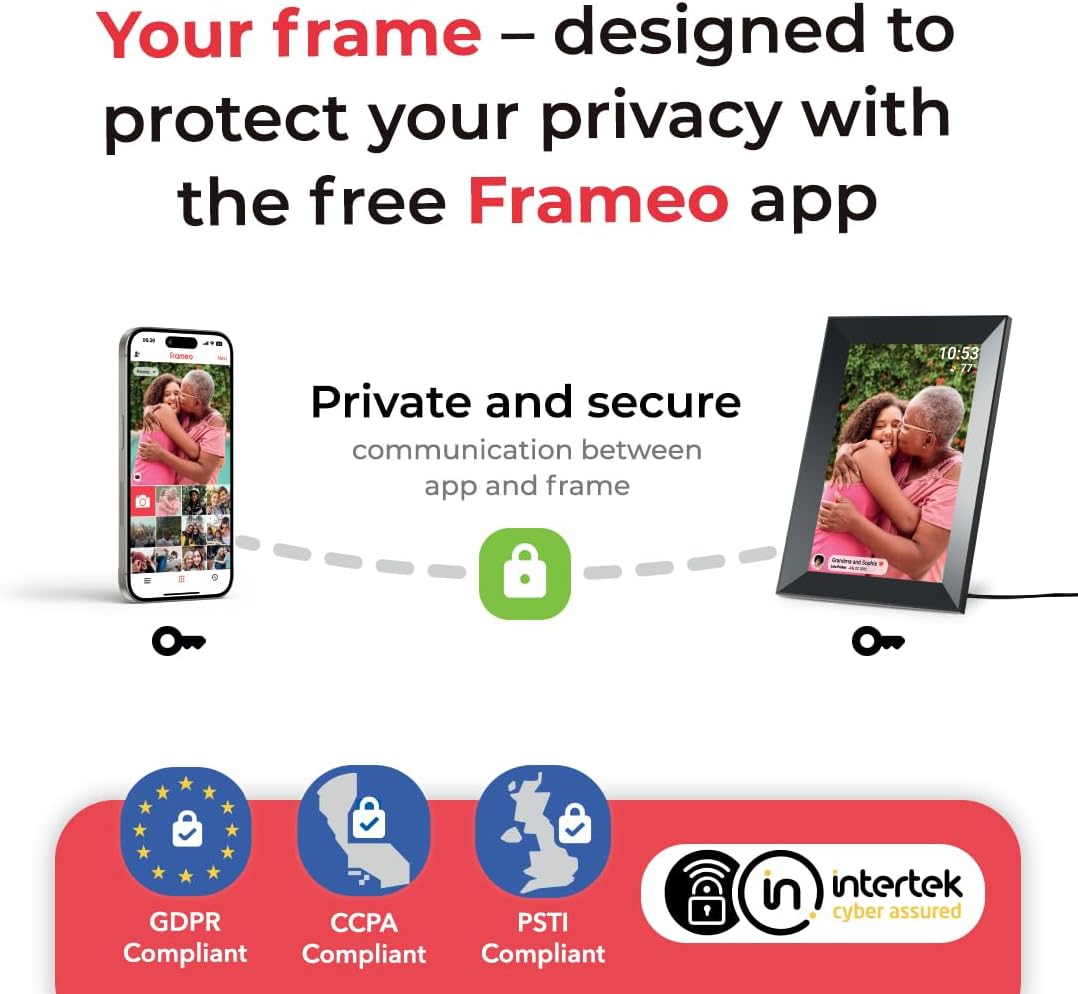 Best digital frame for parents with privacy protection using free Frameo app showing secure photo sharing between phone and frame