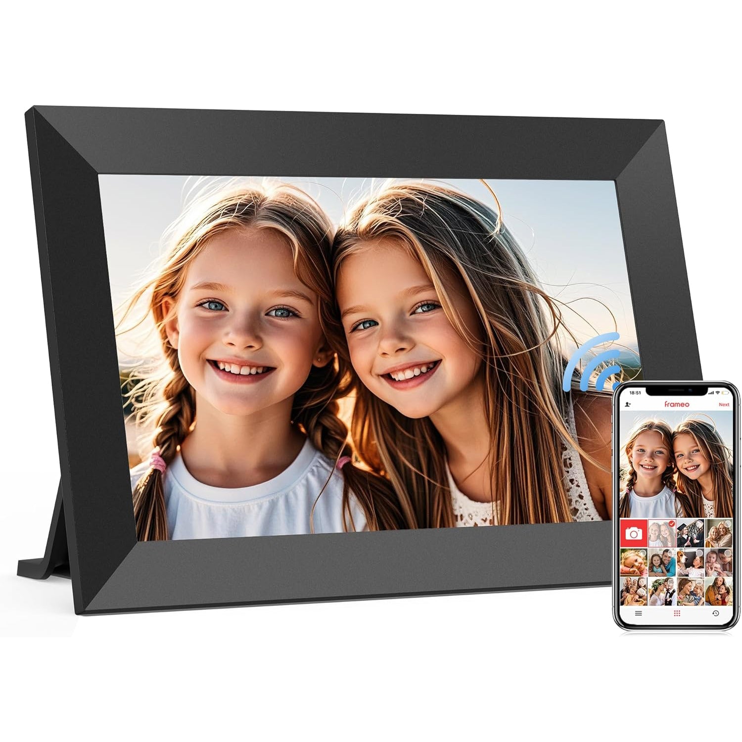 LightingPixel digital photo frame displaying two smiling girls with smartphone app for best digital frame for parents