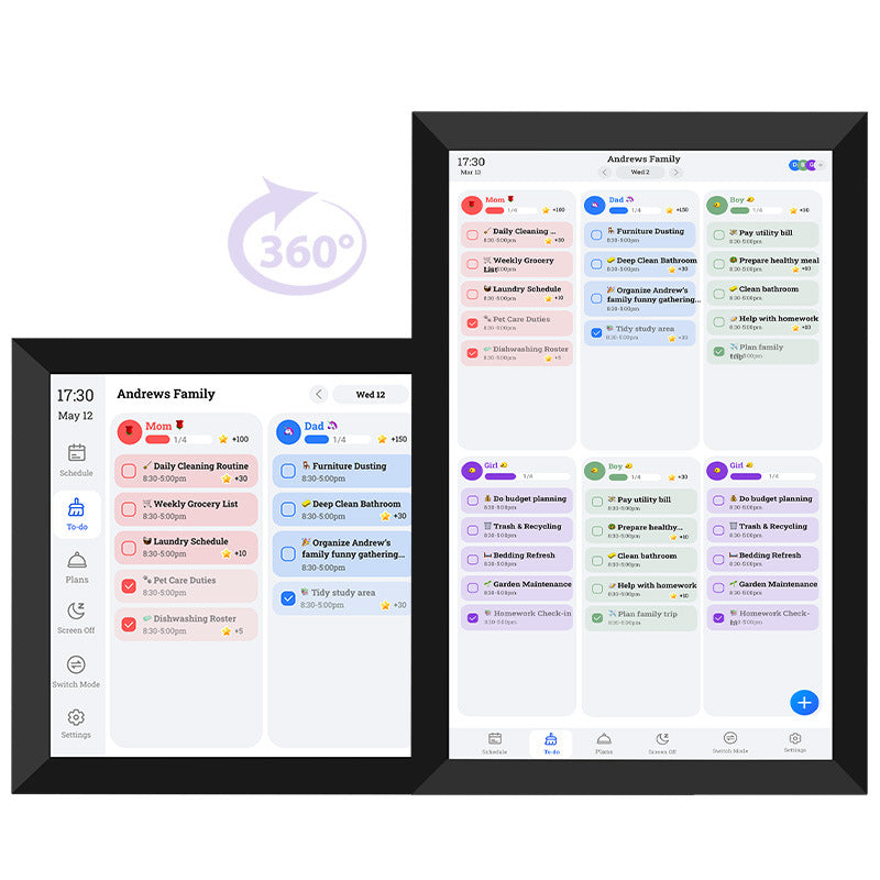 LightingPixel 10.1 Smart Digital Calendar Family Schedules showing daily tasks color-coded by family member