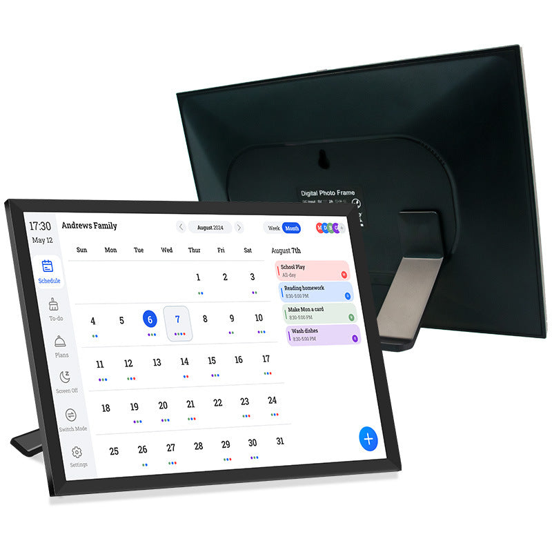 LightingPixel 10.1 Smart Digital Calendar Family Schedules showing monthly view with tasks and reminders