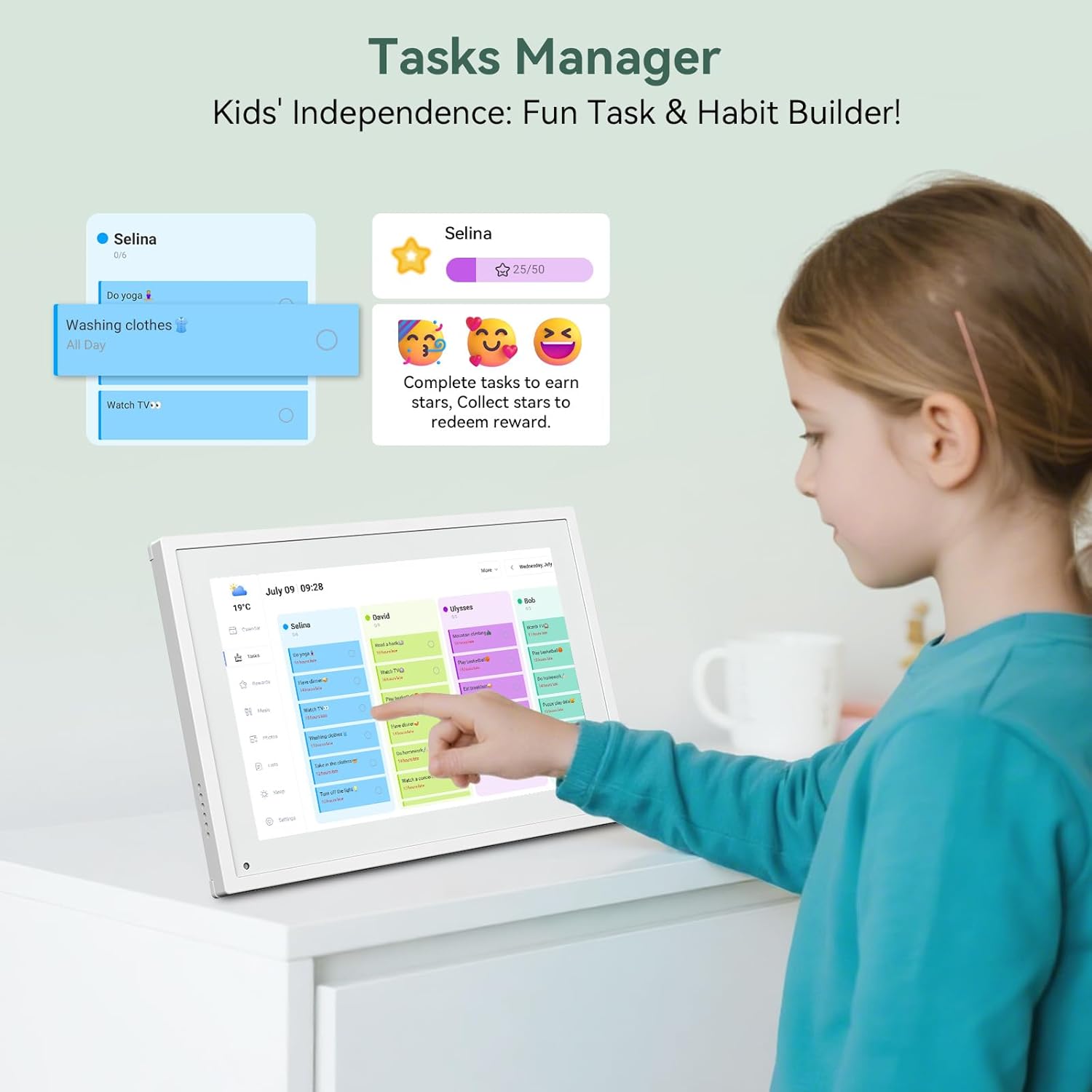 Child using LightingPixel 15.6 Digital Calendar Chore Chart to manage daily tasks and habits