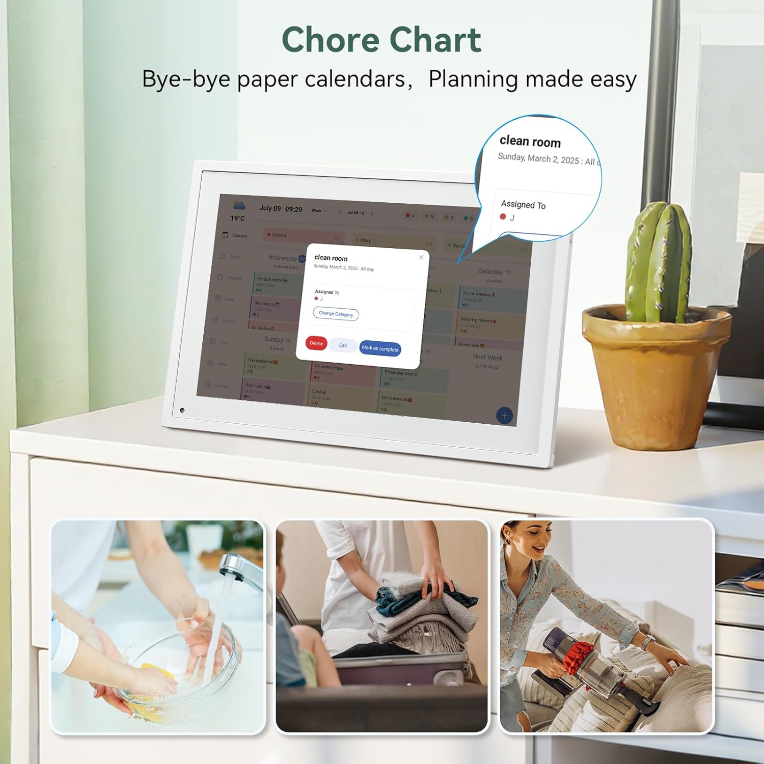 LightingPixel 15.6 Digital Calendar Chore Chart displayed on a white digital frame with cleaning and organizing tasks