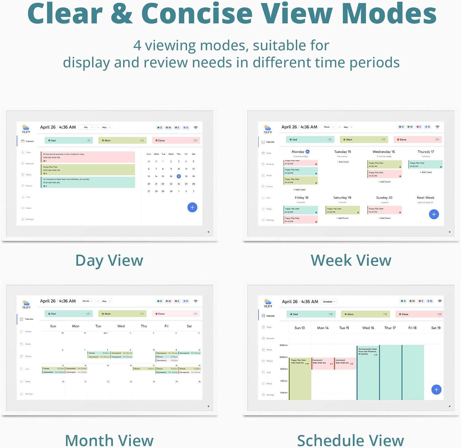 15.6 Digital Calendar Chore Chart showing clear and concise day week month and schedule view modes