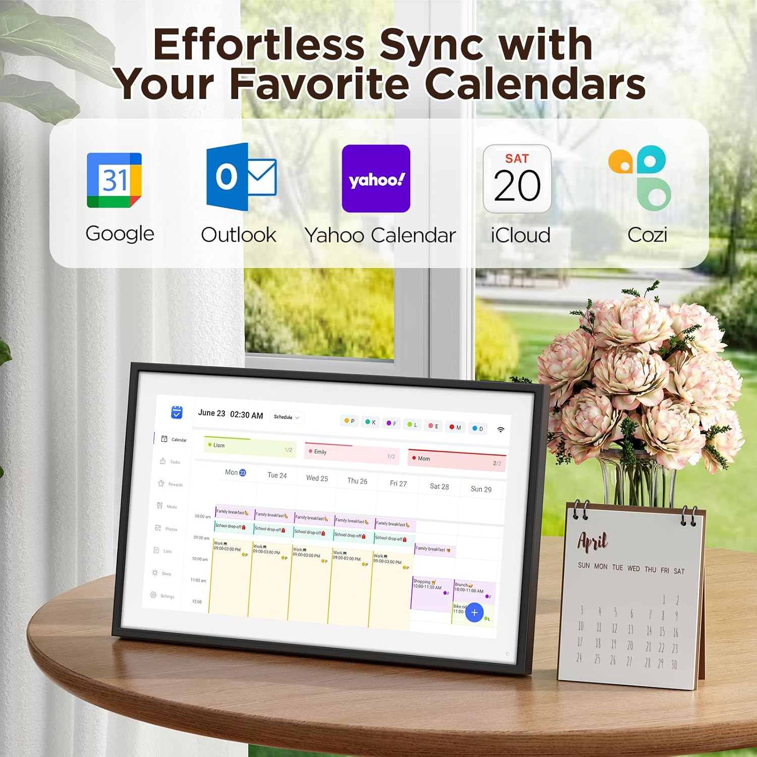 LightingPixel 15.6 Digital Calendar Chore Chart showing weekly schedule with sync options for Google Outlook Yahoo and iCloud