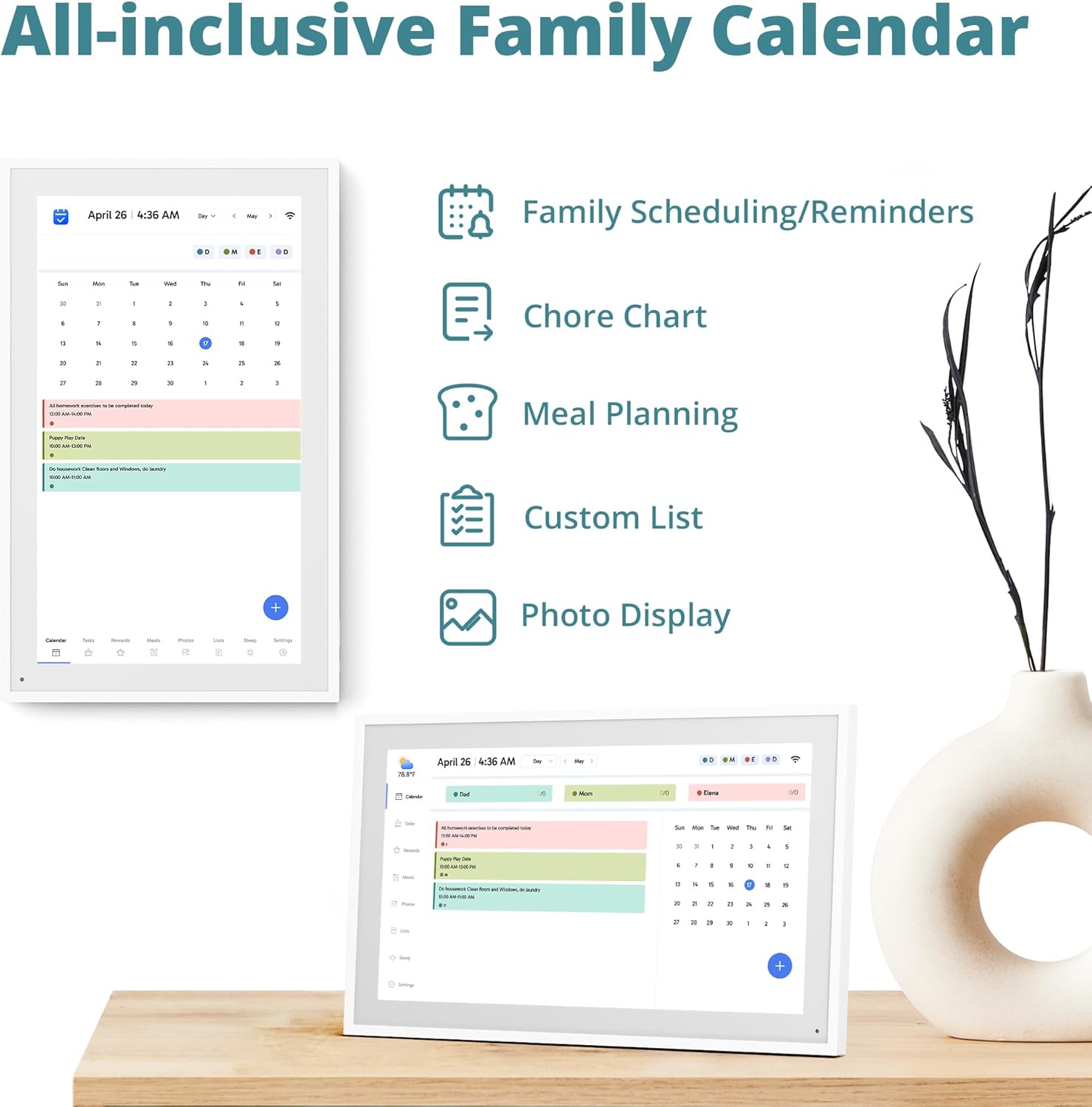 LightingPixel 15.6 Digital Calendar Chore Chart showing family scheduling, meal planning, and custom list features