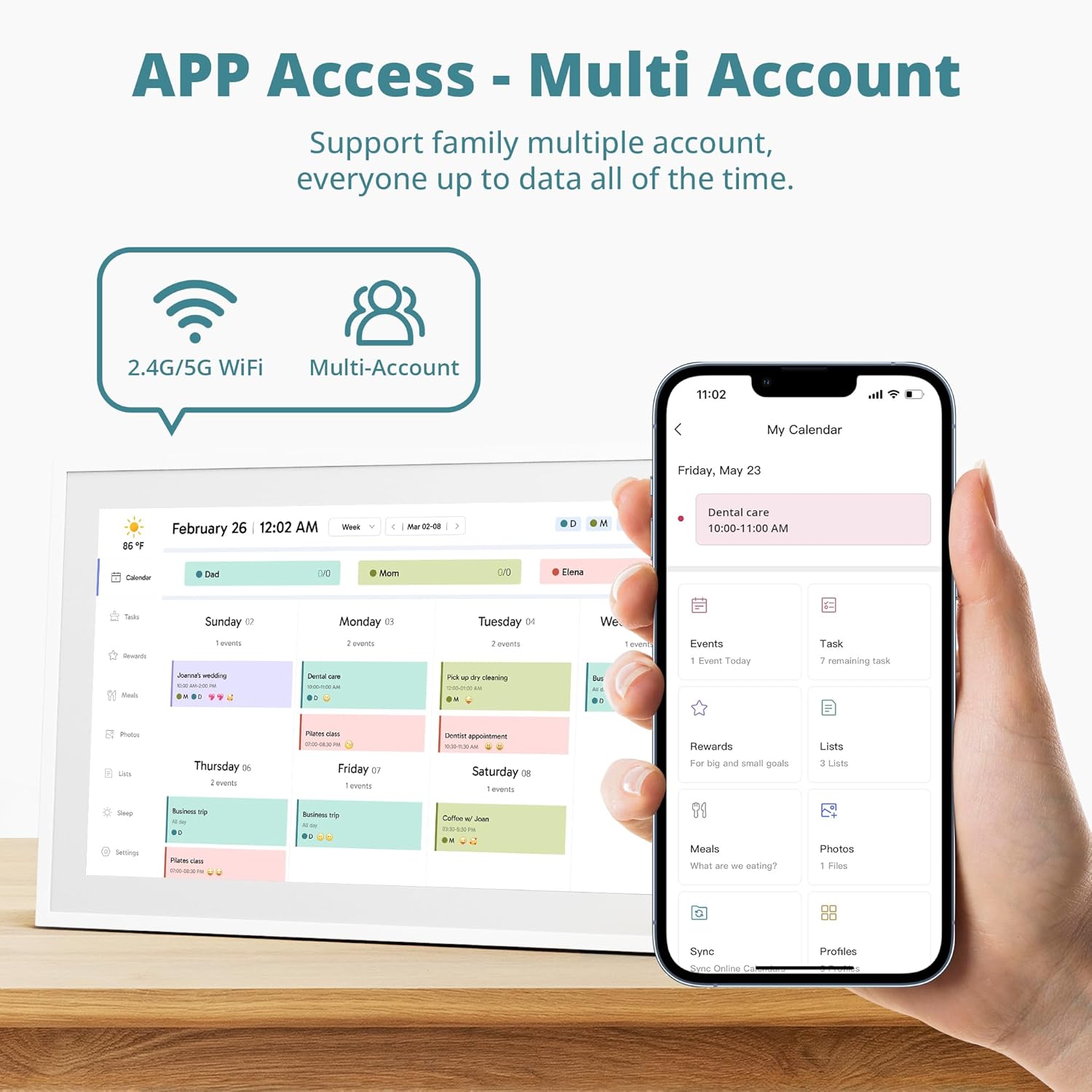 LightingPixel 15.6 Digital Calendar Chore Chart showing family schedule on tablet and app multi-account access on smartphone