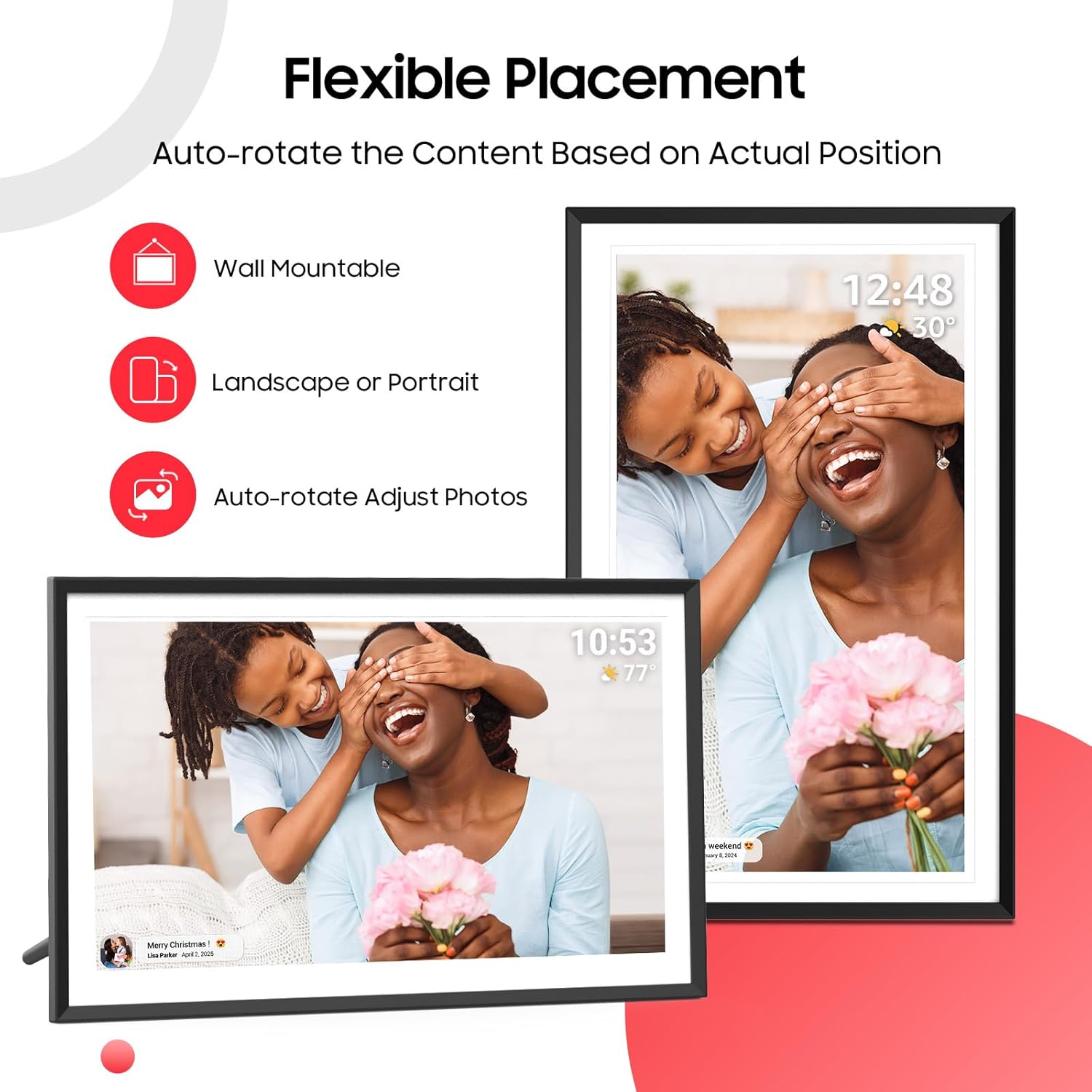 WiFi digital picture frame 15.6 inch by LightingPixel showing auto-rotate feature with wall mount and landscape or portrait modes