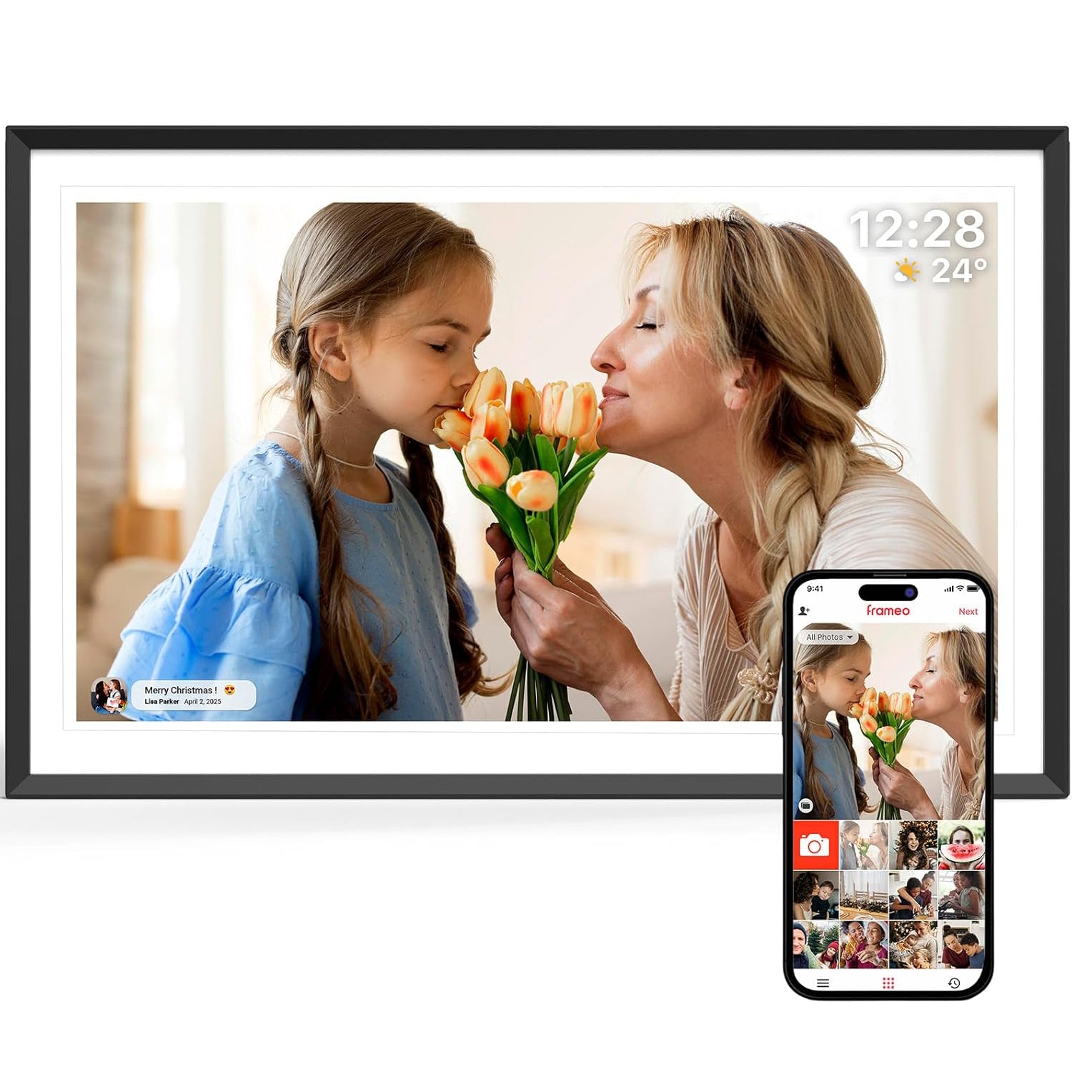 WiFi digital picture frame 15.6 inch displaying a photo of a mother and daughter with phone app control