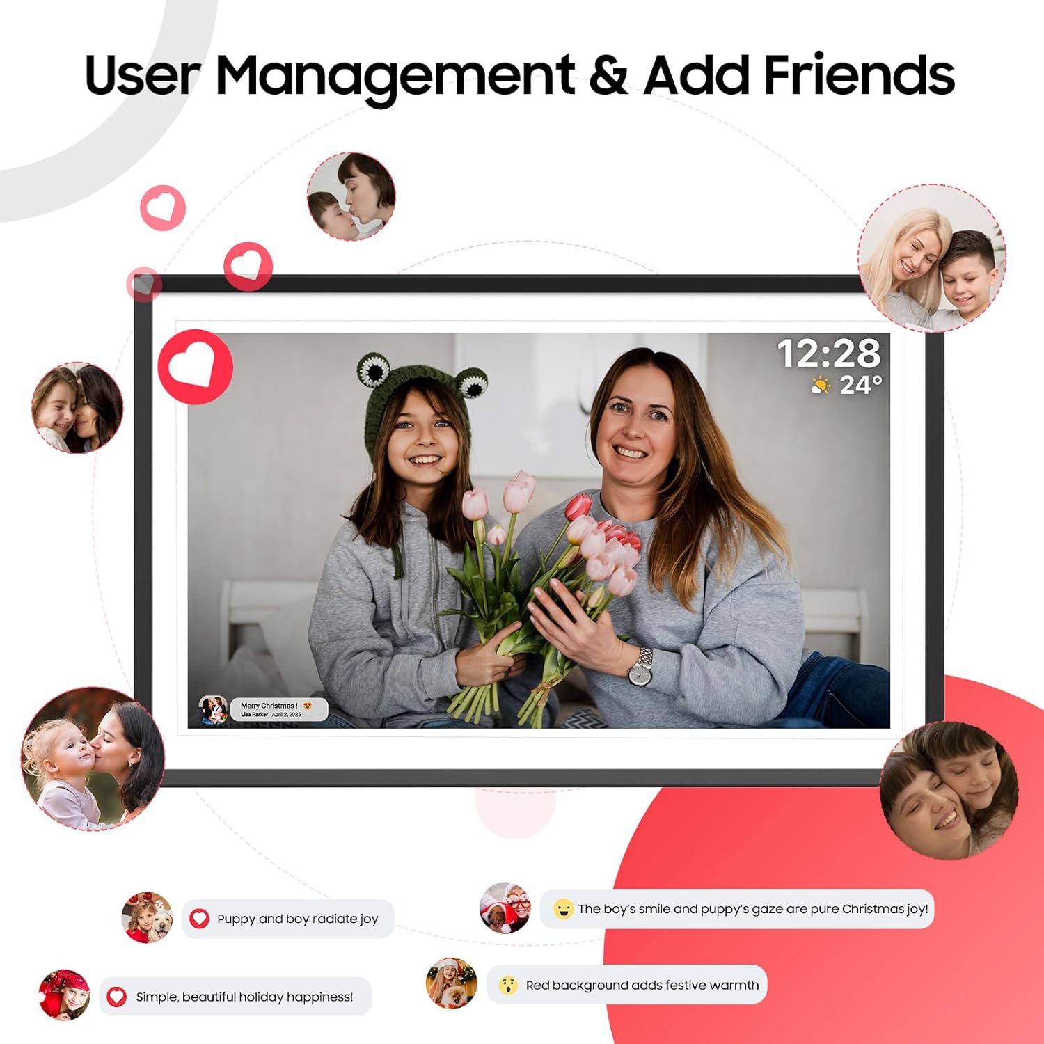 WiFi digital picture frame 15.6 inch displaying a photo of mother and daughter holding flowers with user management and add friends feature