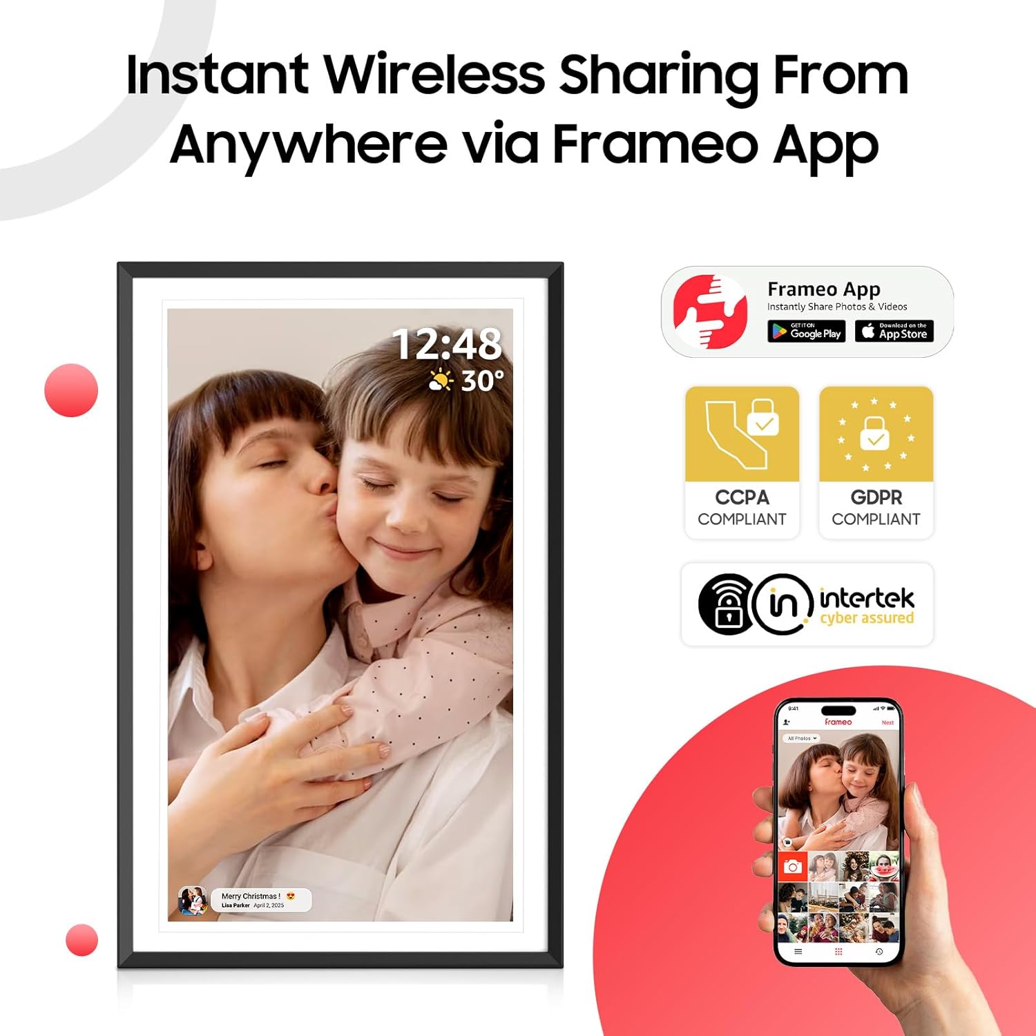 LightingPixel WiFi digital picture frame 15.6 inch showing a mother and child photo with time and weather display