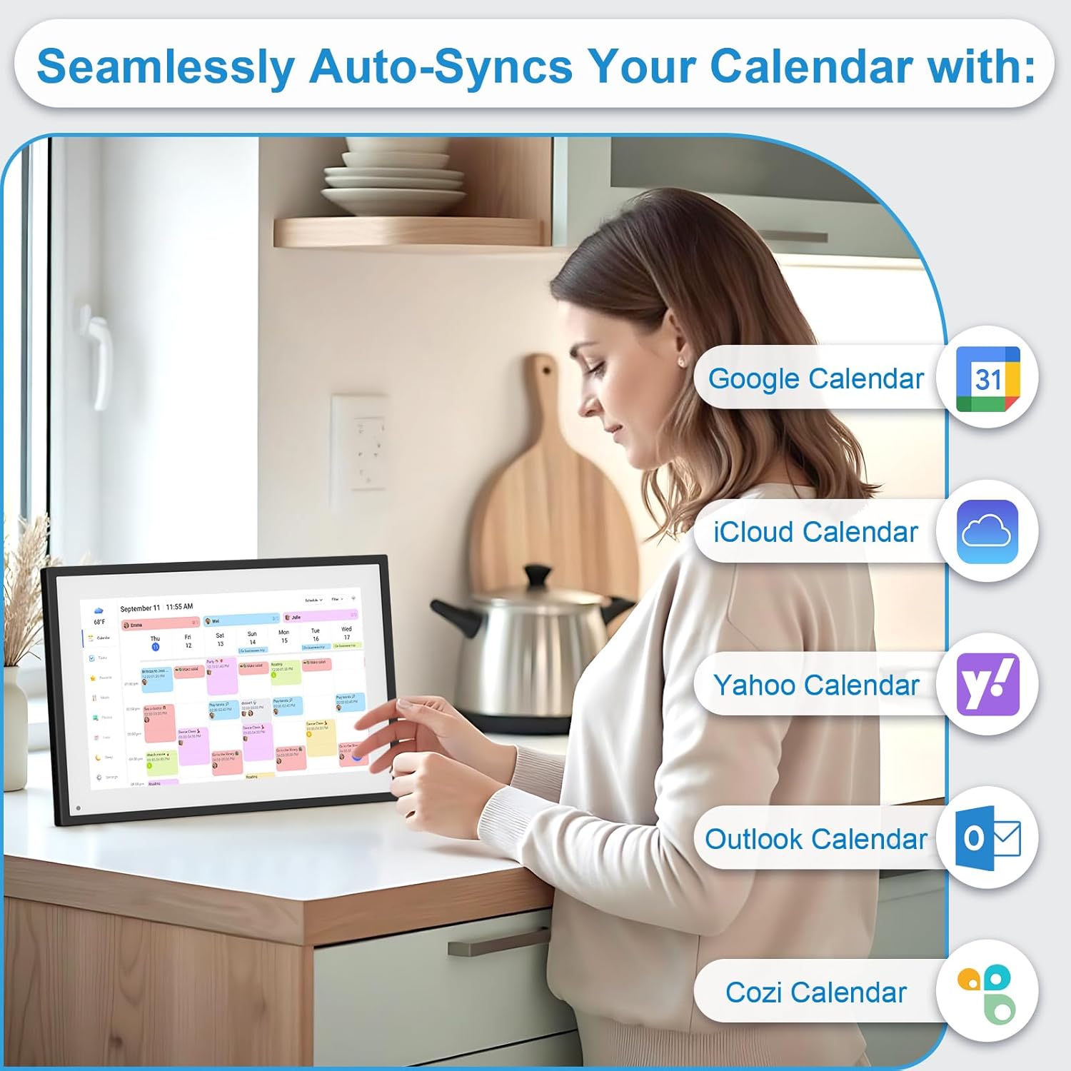 Woman using LightingPixel 10.1 Smart Digital Calendar Family Schedules on touchscreen in kitchen