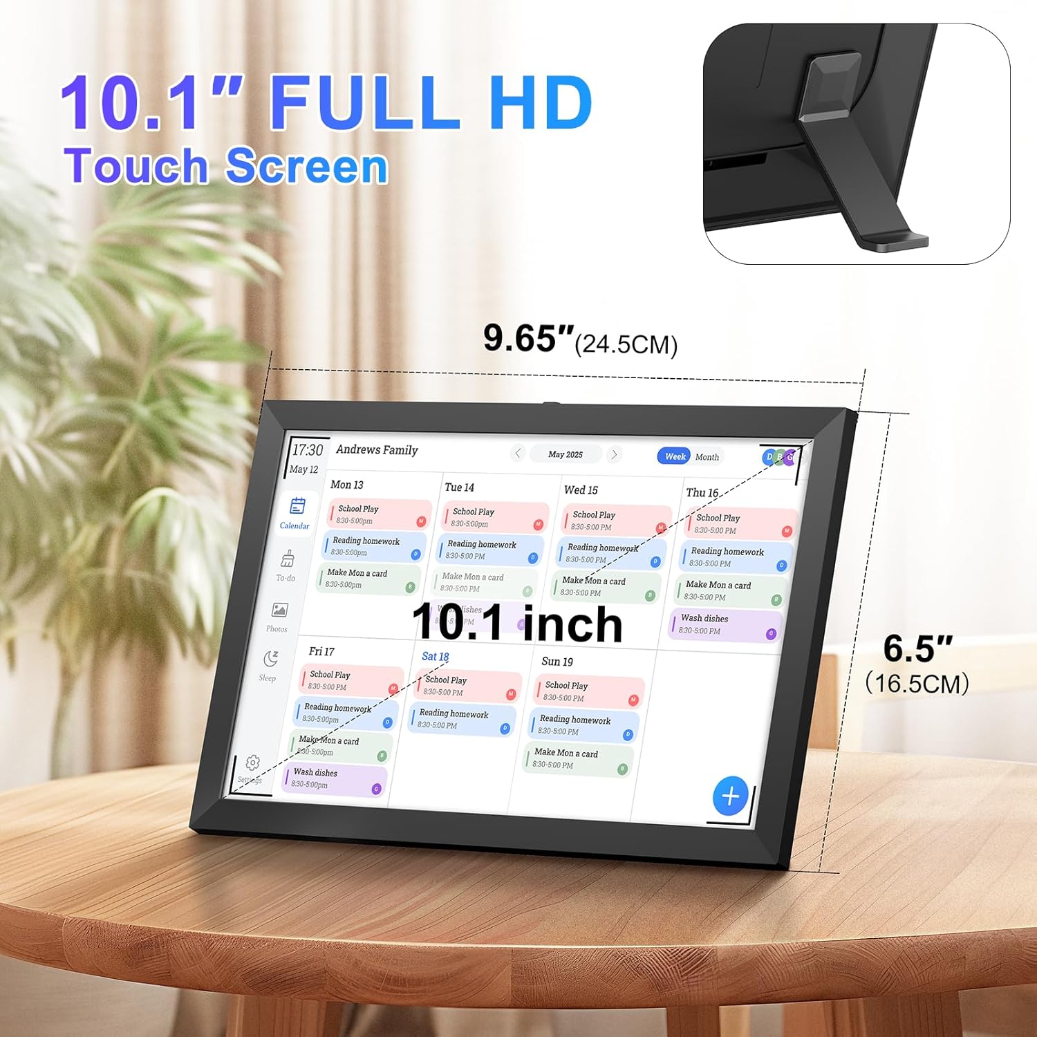 10.1 inch smart digital calendar family schedules with full HD touch screen on wood table
