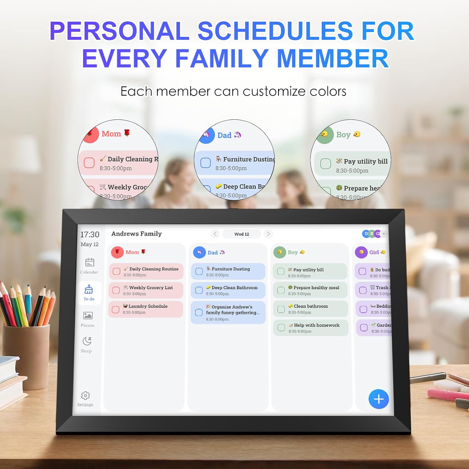 10.1 Smart Digital Calendar Family Schedules showing customizable personal schedules for each family member