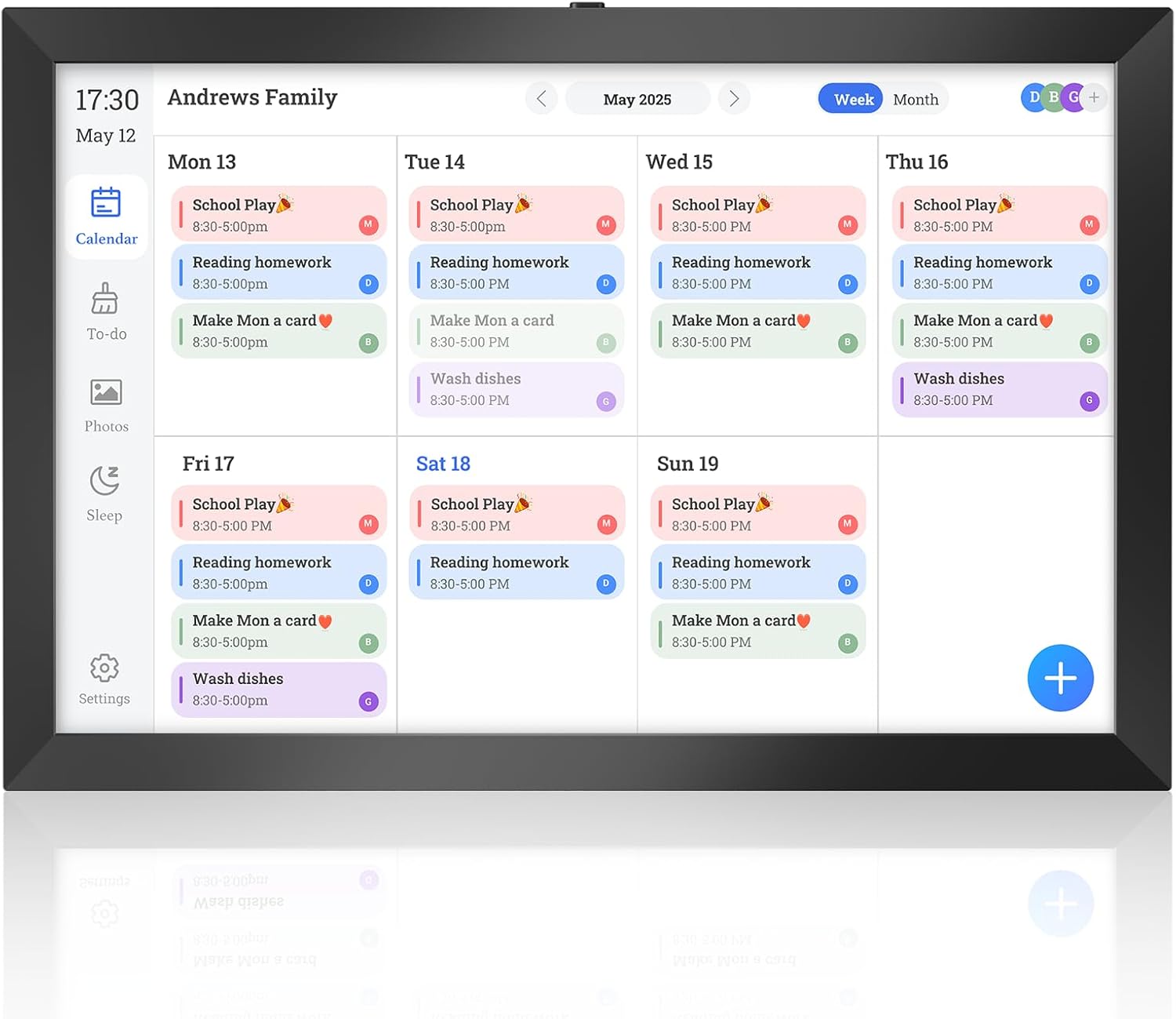 10.1 Smart Digital Calendar Family Schedules displaying weekly events and tasks on a sleek black frame