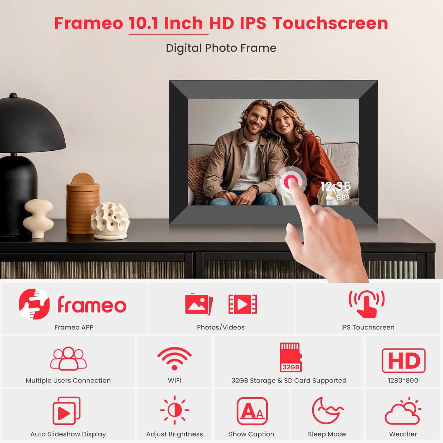 Frameo 10.1 inch HD IPS touchscreen digital photo frame by LightingPixel, the best digital frame for parents