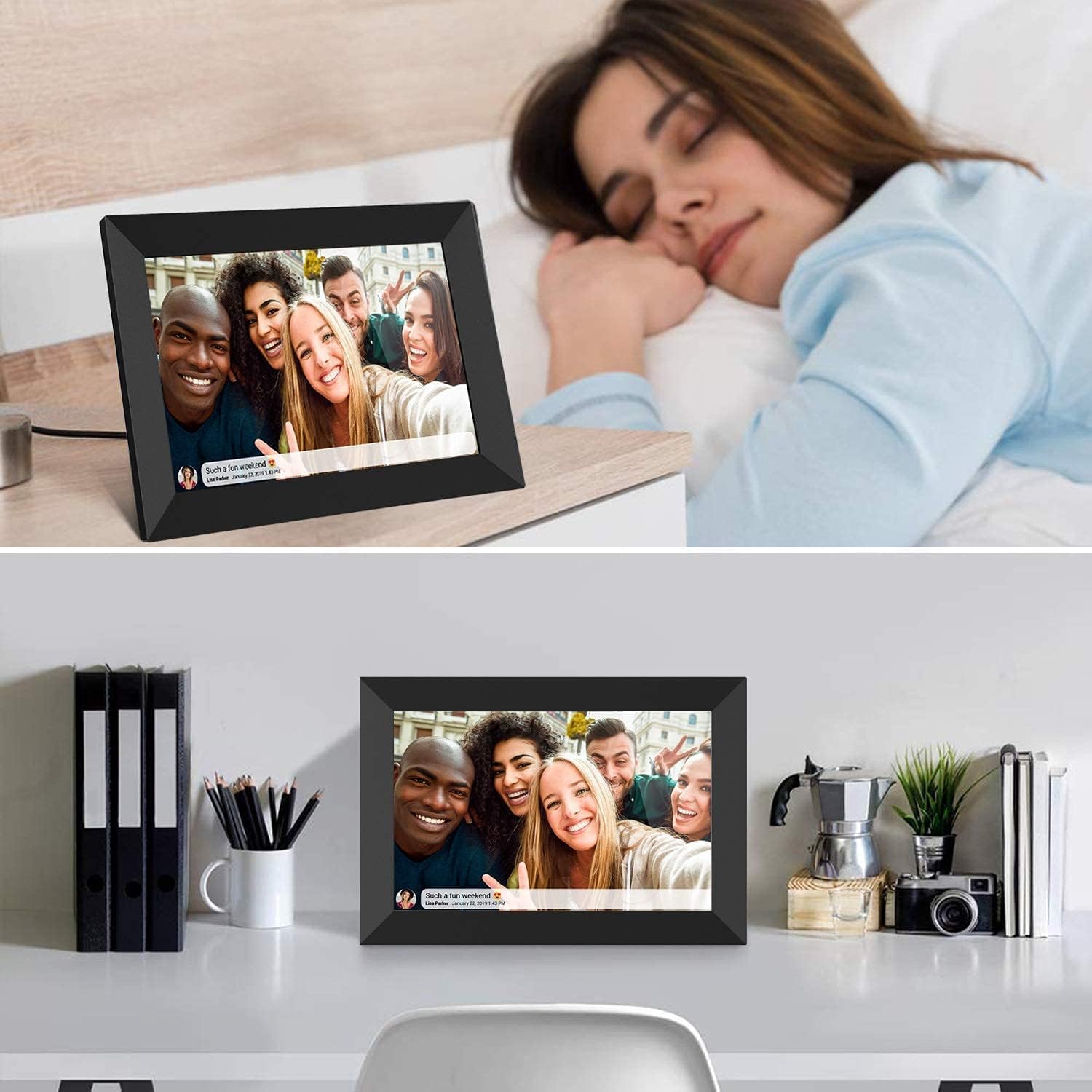 Best digital frame for parents showing a group photo, displayed on a desk and bedside table