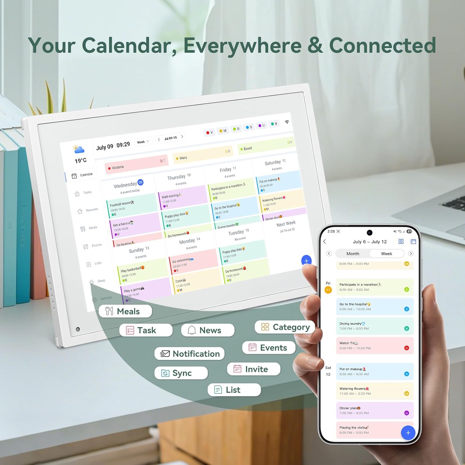 15.6 Digital Calendar Chore Chart displayed on tablet and smartphone showing connected schedules and task management
