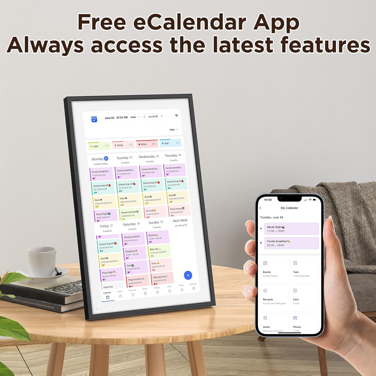 15.6 Digital Calendar Chore Chart displaying a weekly schedule on a framed screen and a smartphone app with latest features