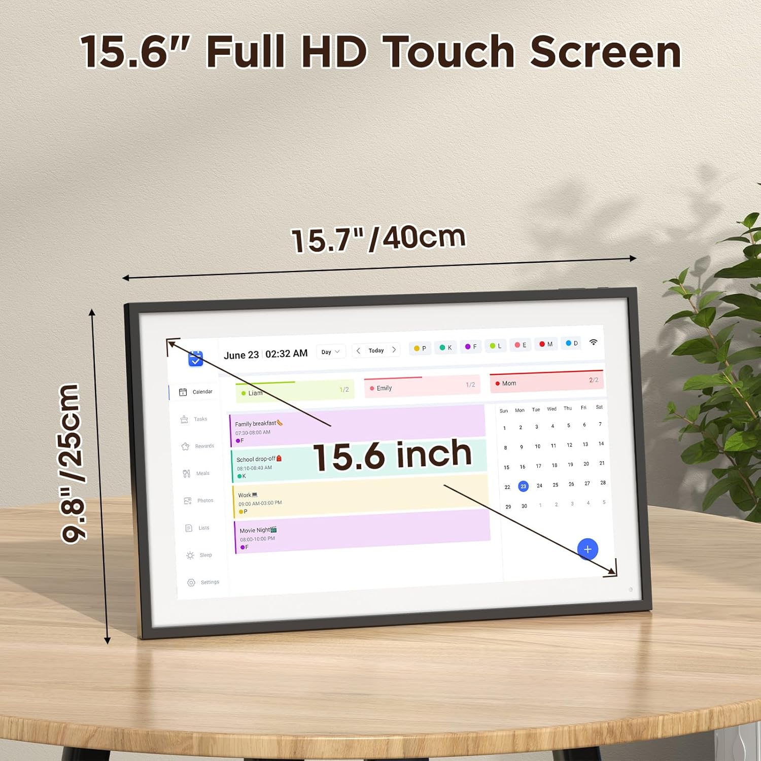 15.6 Digital Calendar Chore Chart with full HD touch screen displaying daily schedule on wooden table