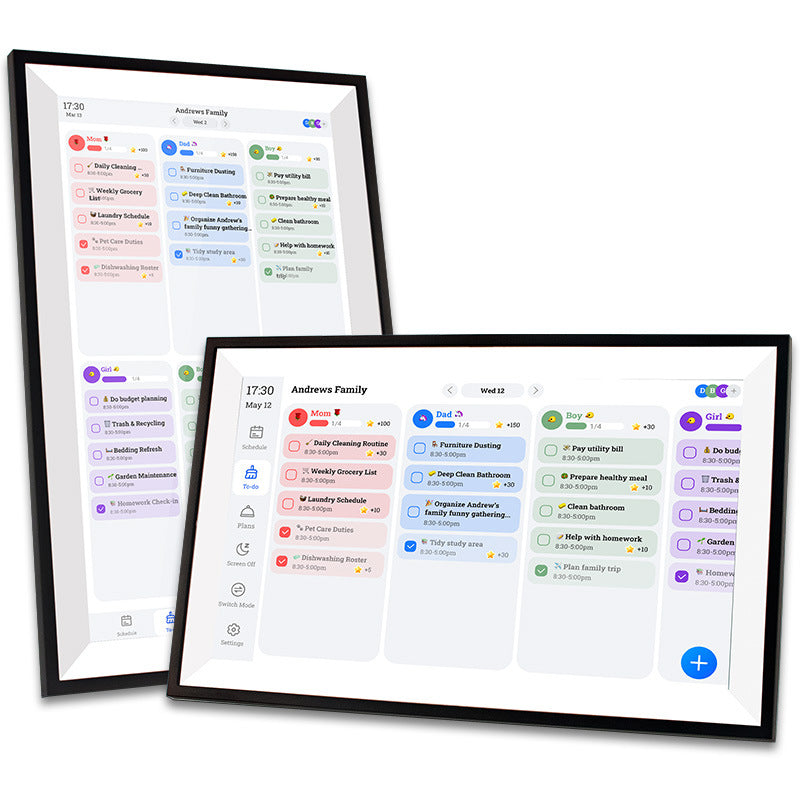LightingPixel 15.6 Digital Calendar Chore Chart displaying a family weekly schedule with tasks and reminders