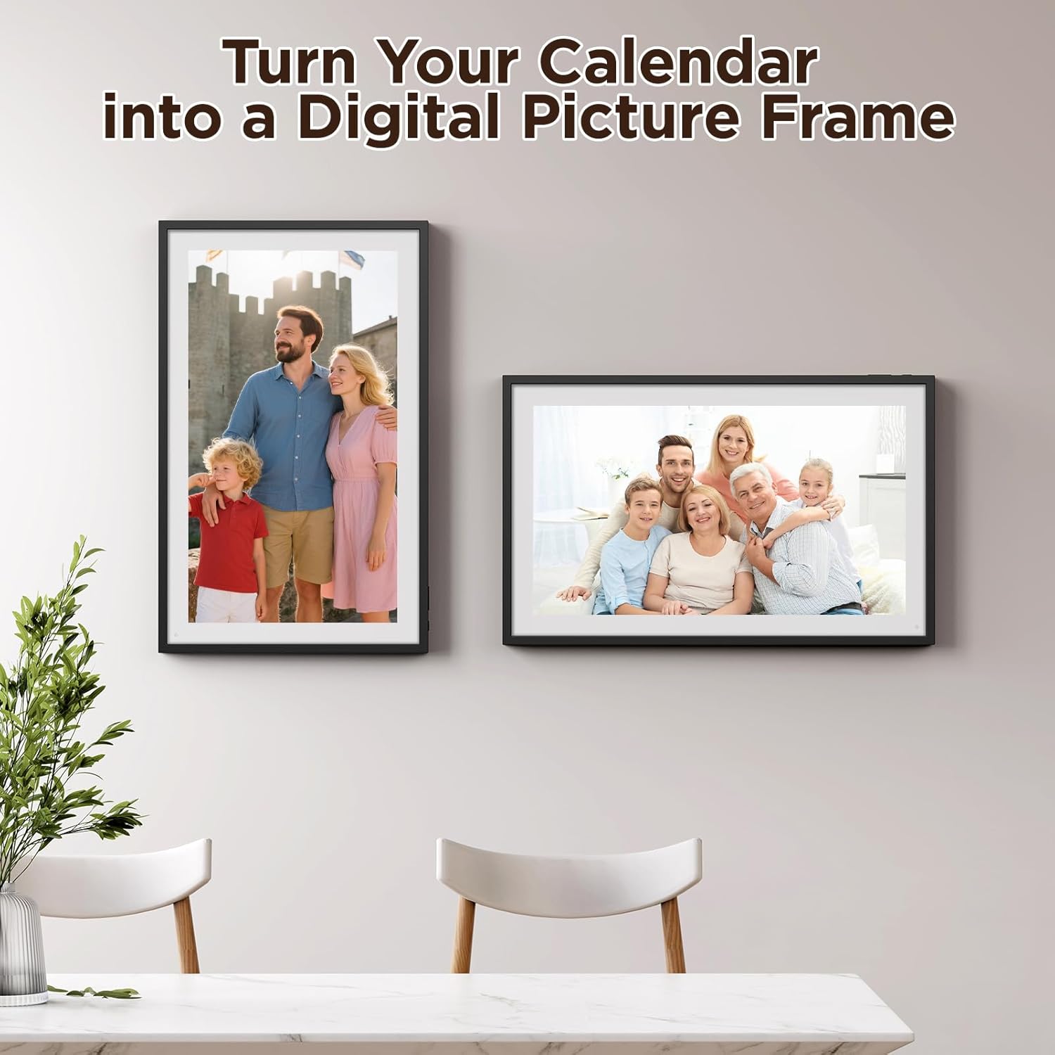 15.6 Digital Calendar Chore Chart shown as a digital picture frame displaying family photos on wall