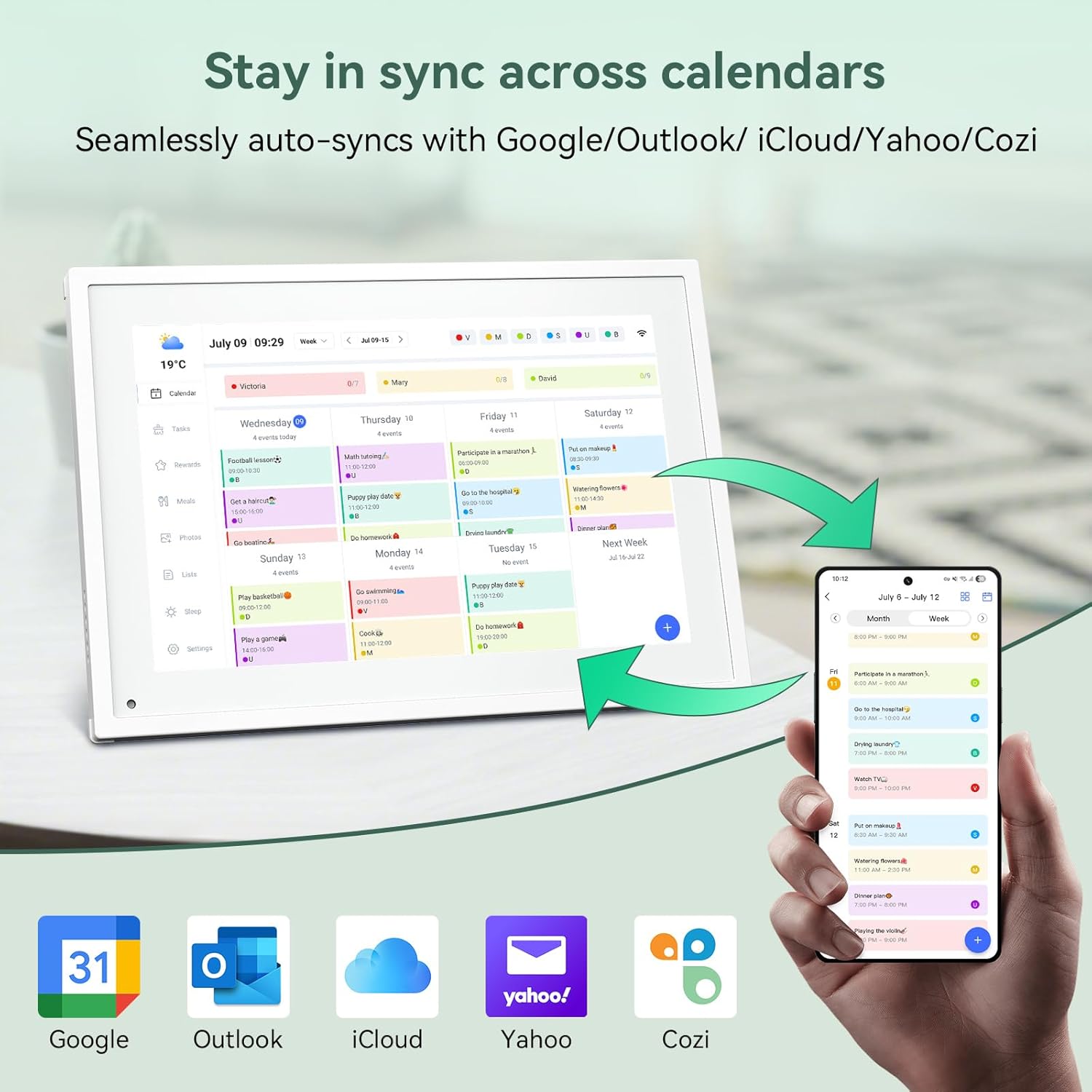 LightingPixel 15.6 Digital Calendar Chore Chart showing synced schedules on tablet and smartphone with Google Outlook iCloud Yahoo and Cozi