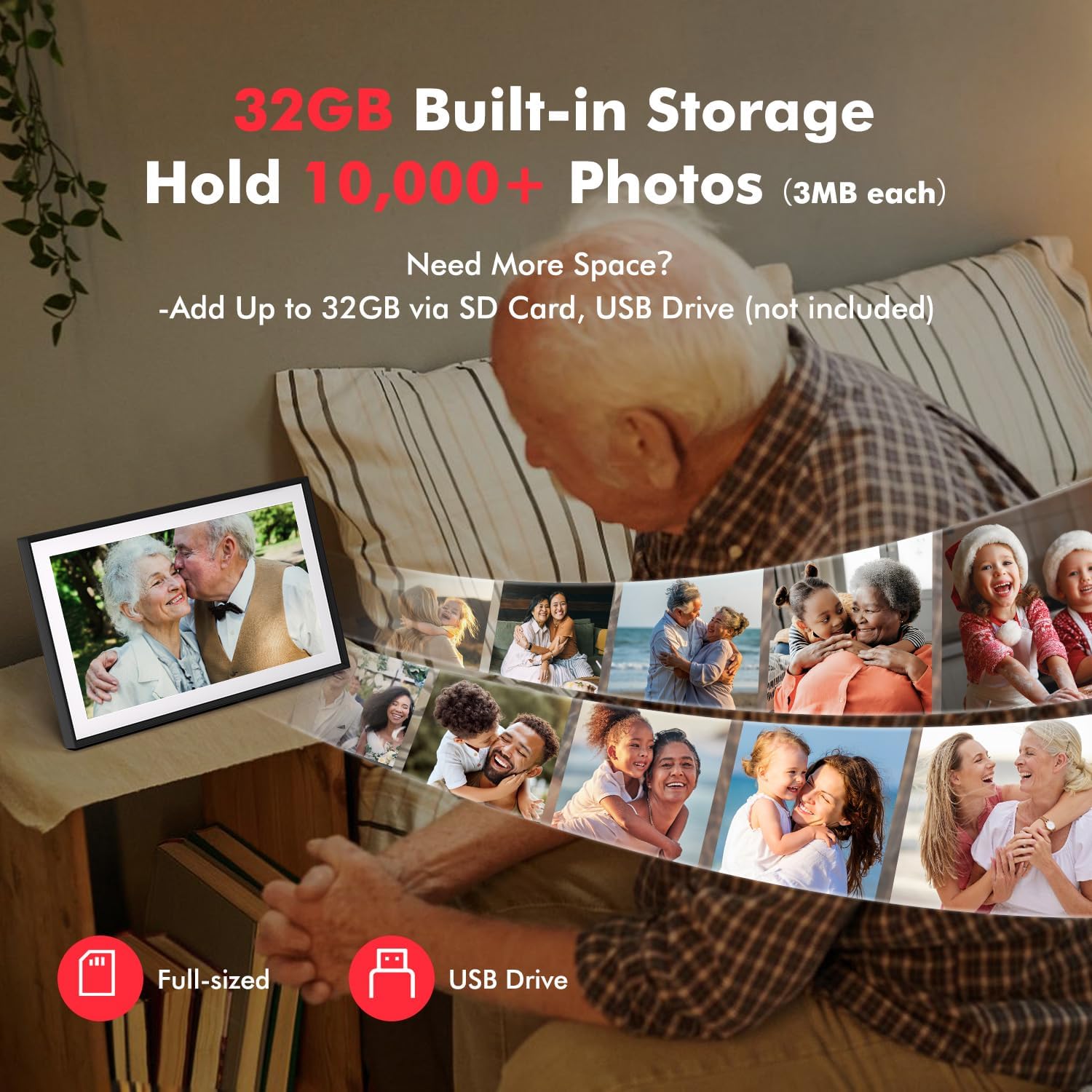 LightingPixel WiFi digital picture frame 15.6 inch showing family photos with 32GB storage and USB drive support