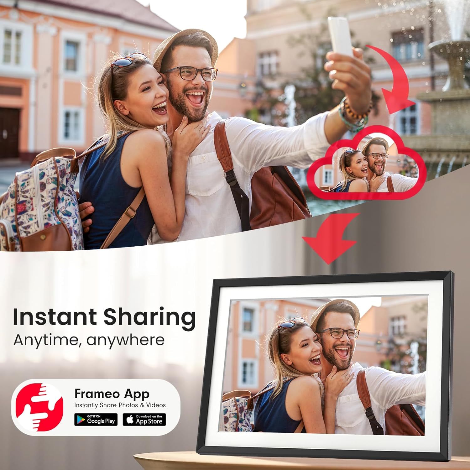 WiFi digital picture frame 15.6 inch displaying a couple taking a selfie with instant sharing via Frameo app