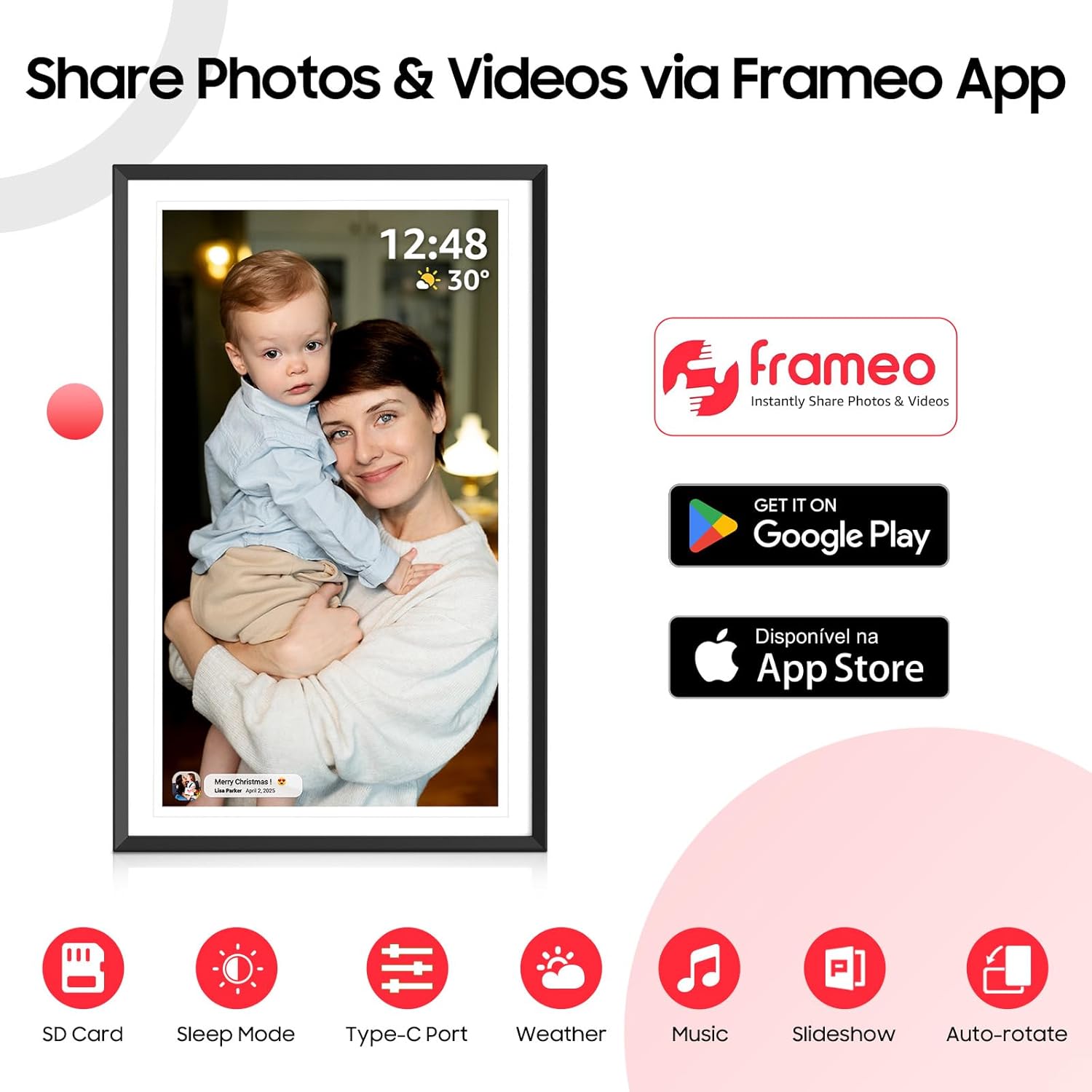 WiFi digital picture frame 15.6 inch showing mother and child photo with weather and time display