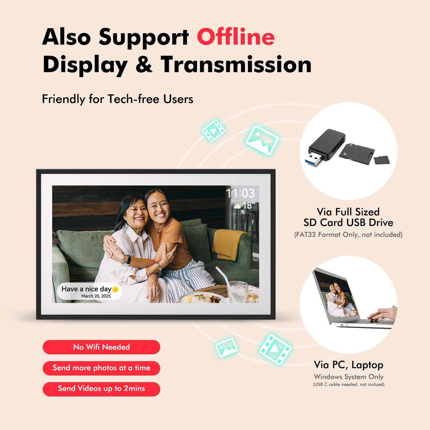 LightingPixel WiFi digital picture frame 15.6 inch showing offline display and transmission options with SD card and PC support